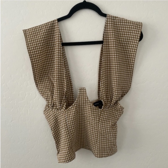 ⭐️ Brown Woven Check Print Cross Over Zip Party Glam Girly Sexy Chic Baddie Top - Picture 8 of 8